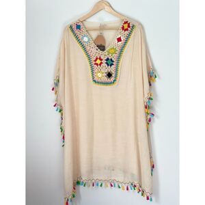 Main Strip Crochet Tassled Kimono Neutral Colorful Boho Small-Medium New N3